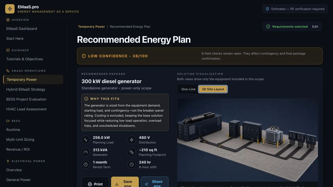 EMaaS Pro recommended energy plan and jobsite equipment layout
