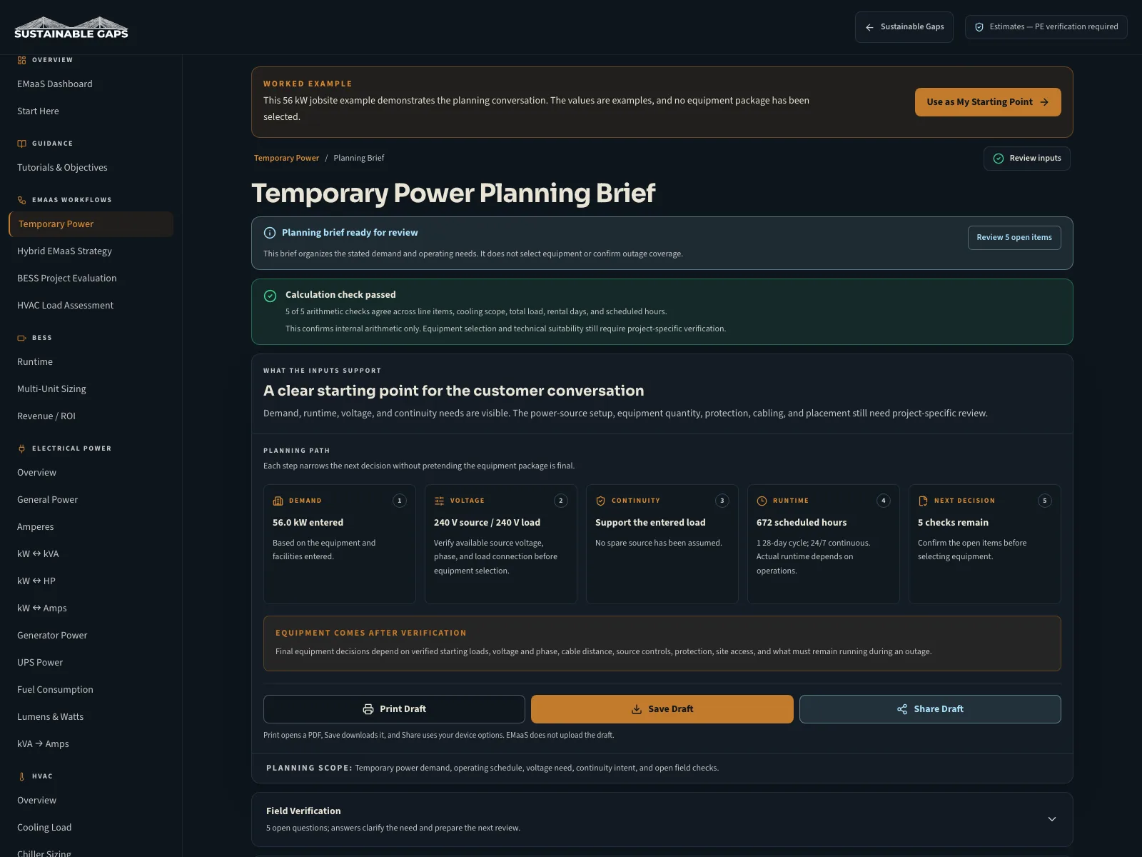 Current EMaaS Pro temporary-power planning brief showing a 56 kilowatt worked example, calculation verification, and open field checks